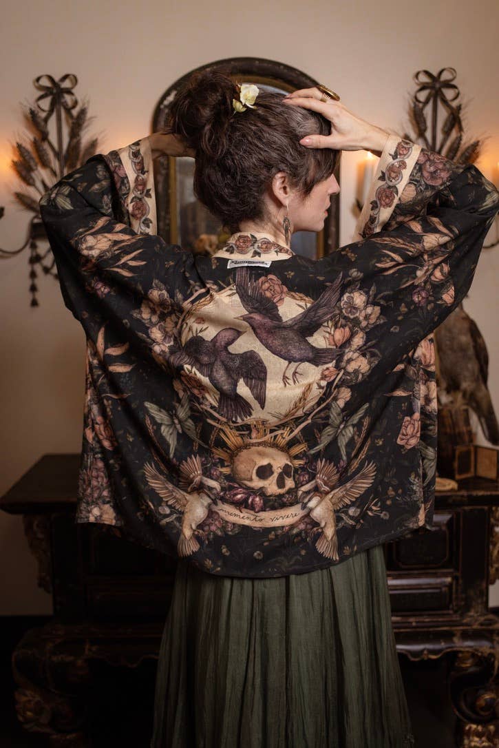 Momento Pixie Duster Crop Kimono w/ Floral, Starling & Skull