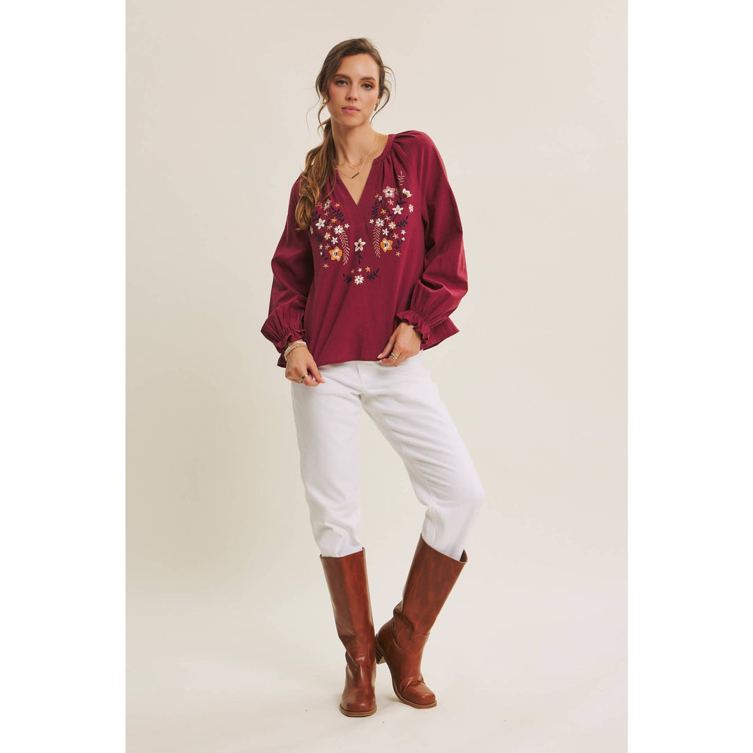 Warmth of Fall Bohemian Embroidered Flare Cotton Blouse Top