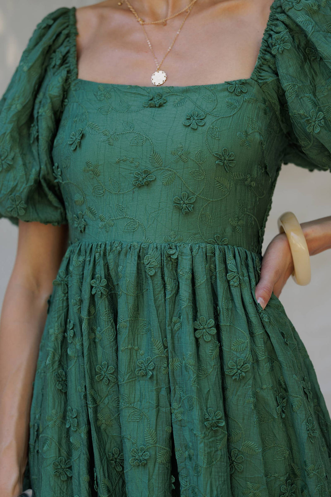 Embroidered Puff-Sleeve Midi Dress