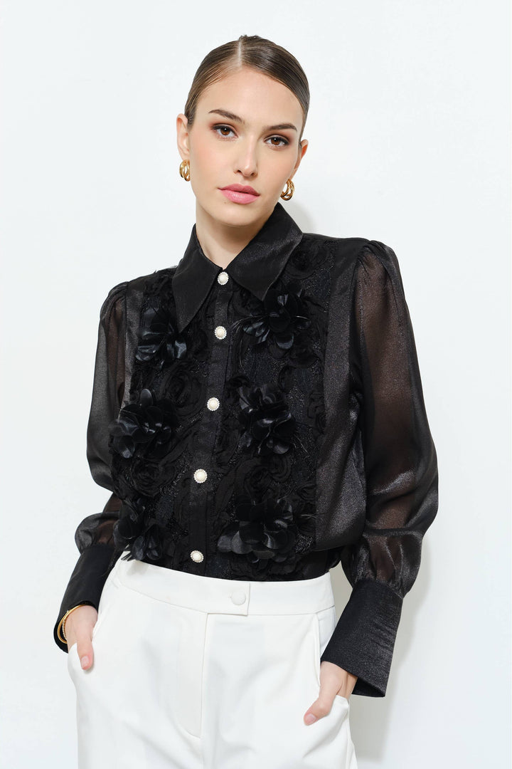 Elegant 3D Floral Organza Long Sleeve Blouse