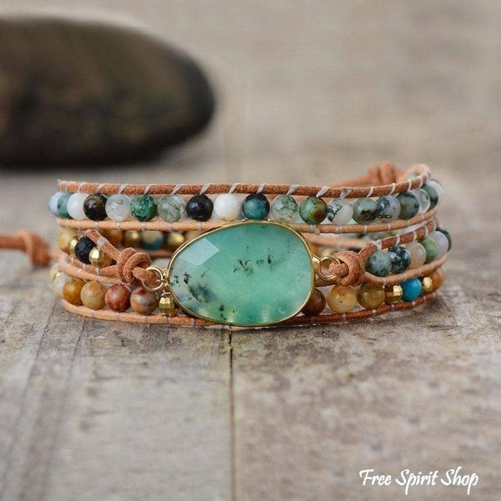 Green Jade & Jasper Wrap Bracelet, Boho Bead Bracelet