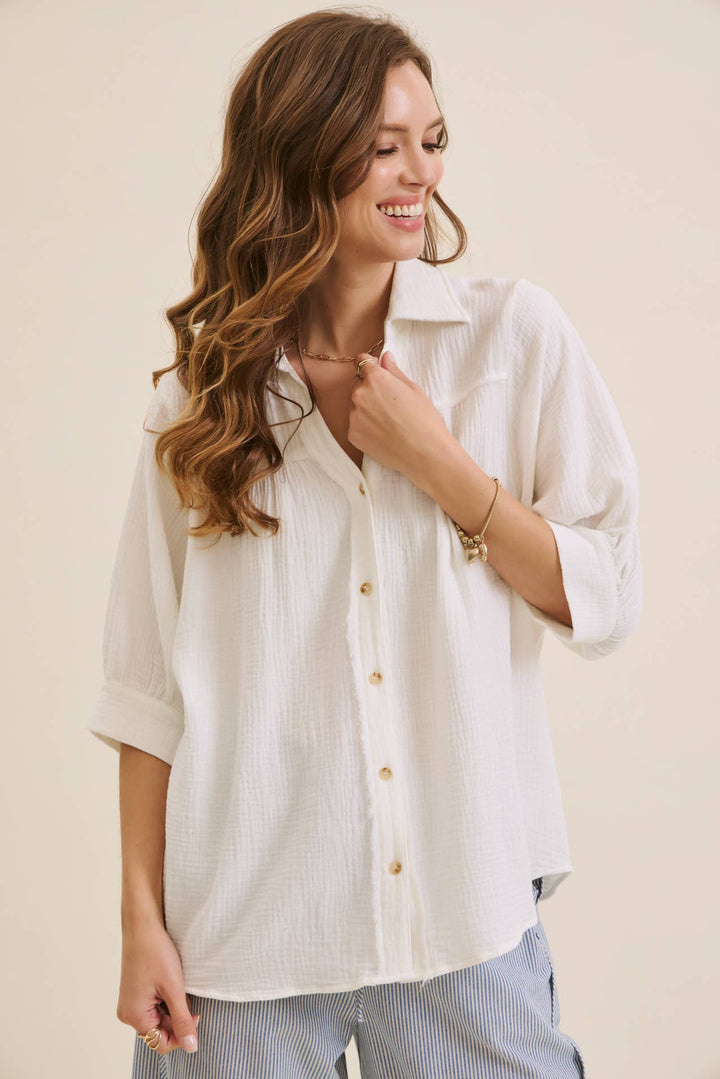 Breathable Mineral Washed Cotton Gauze Button Down Shirt