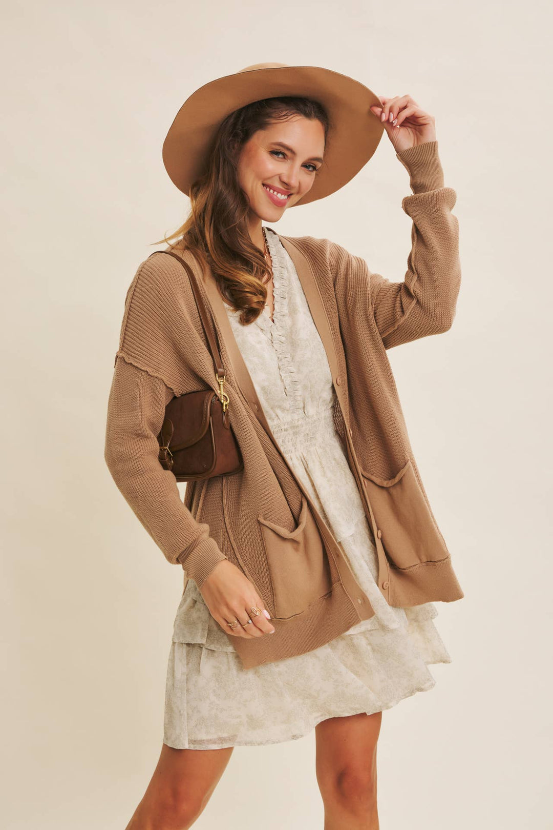 Slouchy Charm Button-Down Cardigan With Contrast Weave