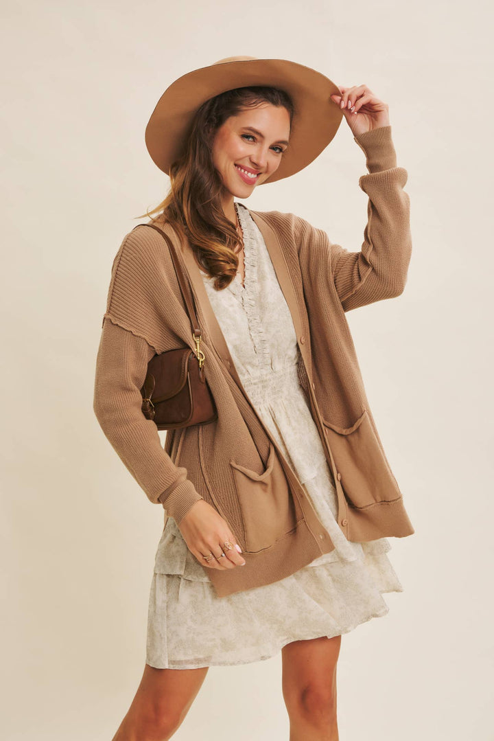 Slouchy Charm Button-Down Cardigan With Contrast Weave