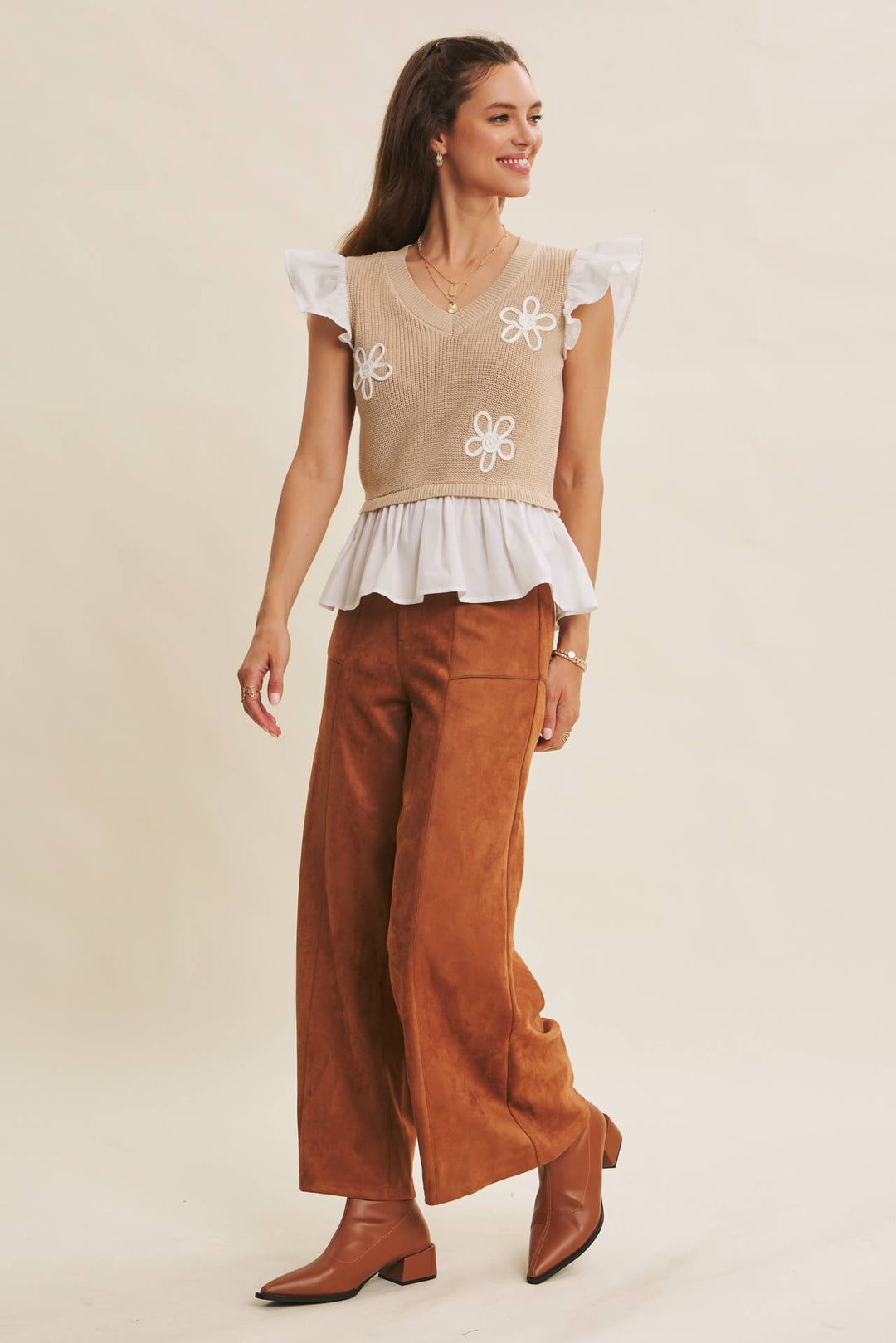 Easy to Love Embroidery Ruffle-Sleeve Mixed Sweater Top