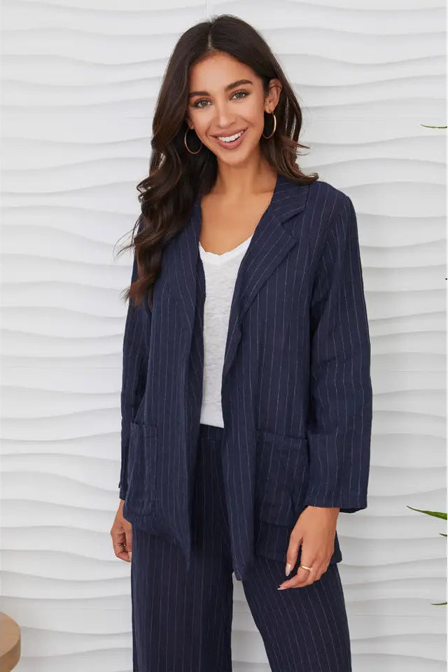 Pinstripe Linen Open Blazer