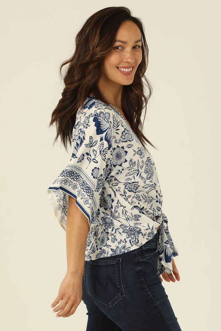 V Neck Kimono Sleeve Tie Waist Blouse