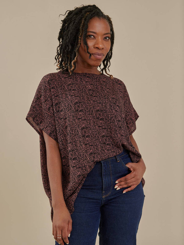 Taylor Drop Shoulder Top Mocha Scribble Modal