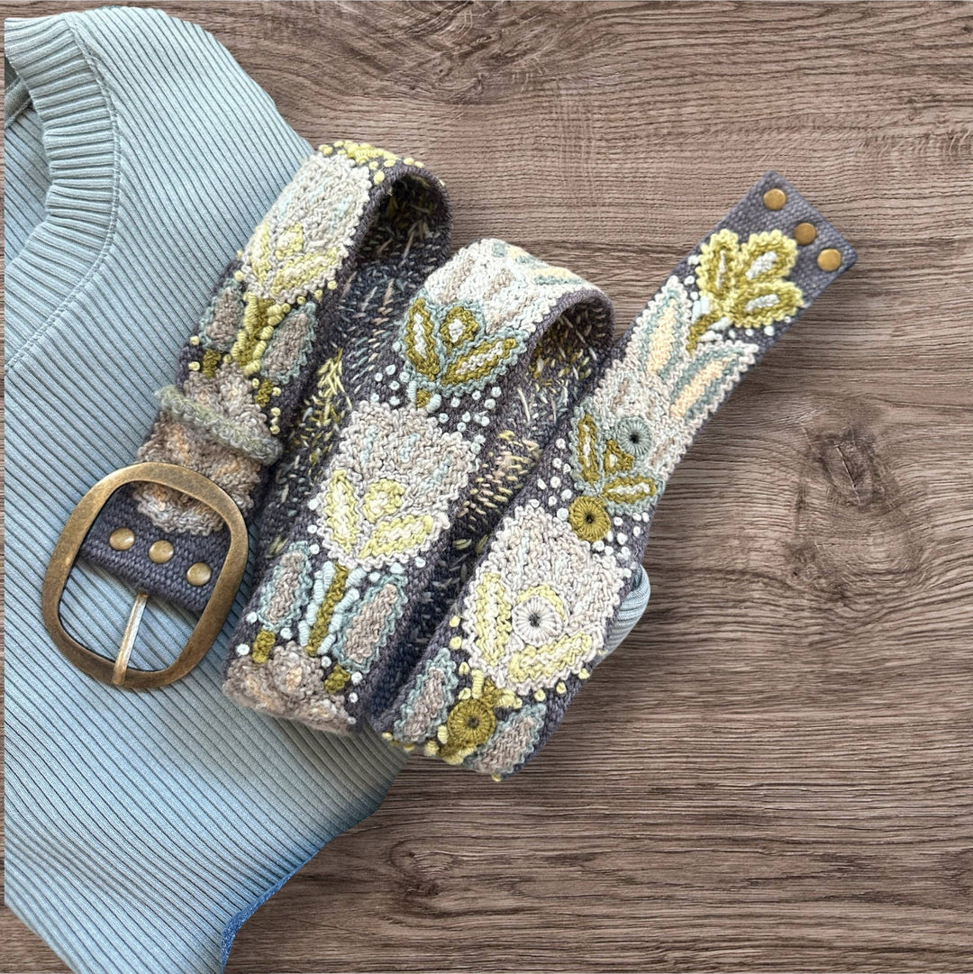 Slate Meadow - Hand Embroidered Floral Wool Peruvian Belt