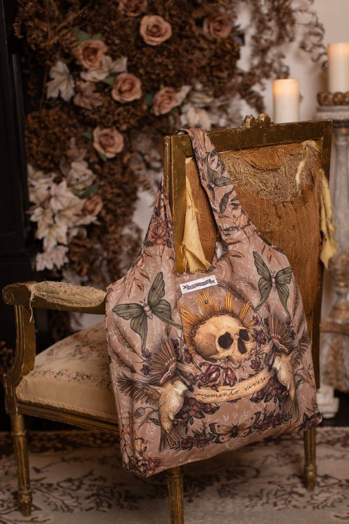Momento Linen Tote Bag w/ Starling, Skull & Floral Print