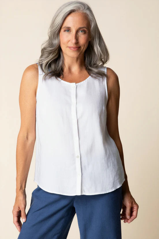Linen Solid Pleat Back Button Tank