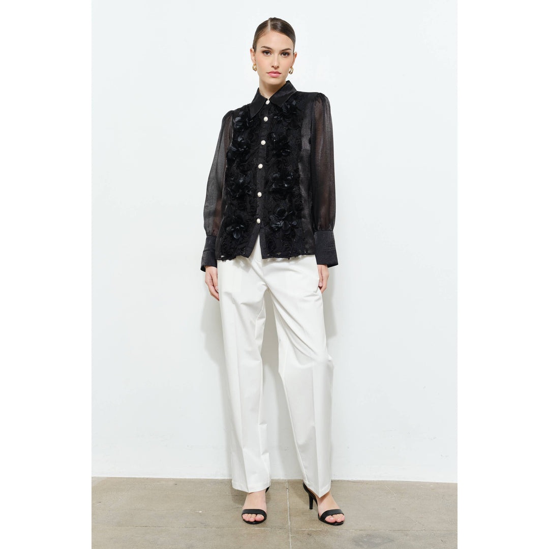 Elegant 3D Floral Organza Long Sleeve Blouse