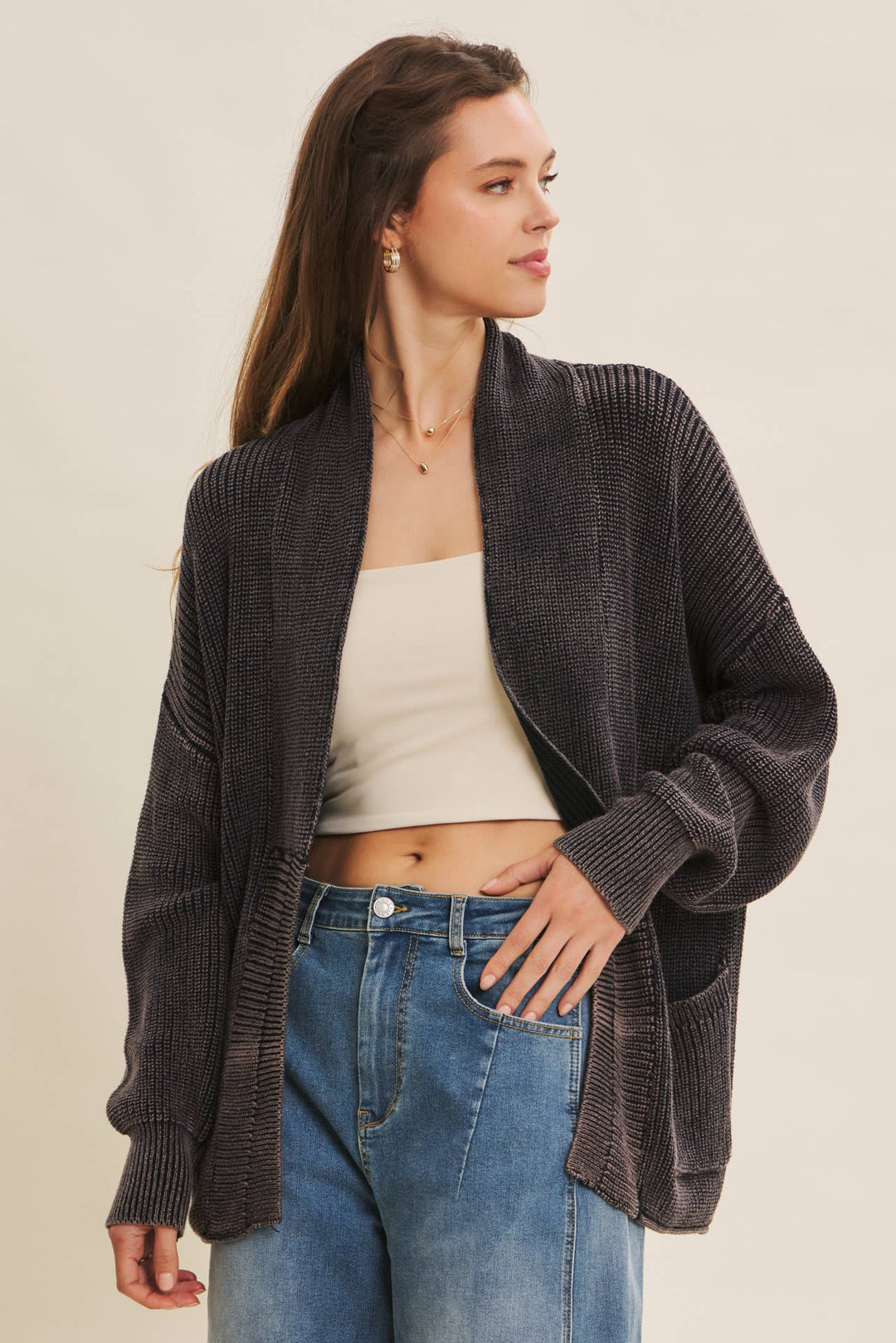 Mineral-Washed Open Front Cotton Sweater Cardigan