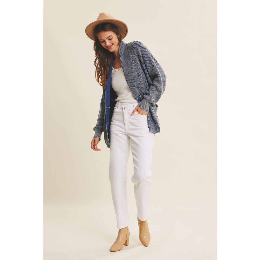 Mineral-Washed Open Front Cotton Sweater Cardigan