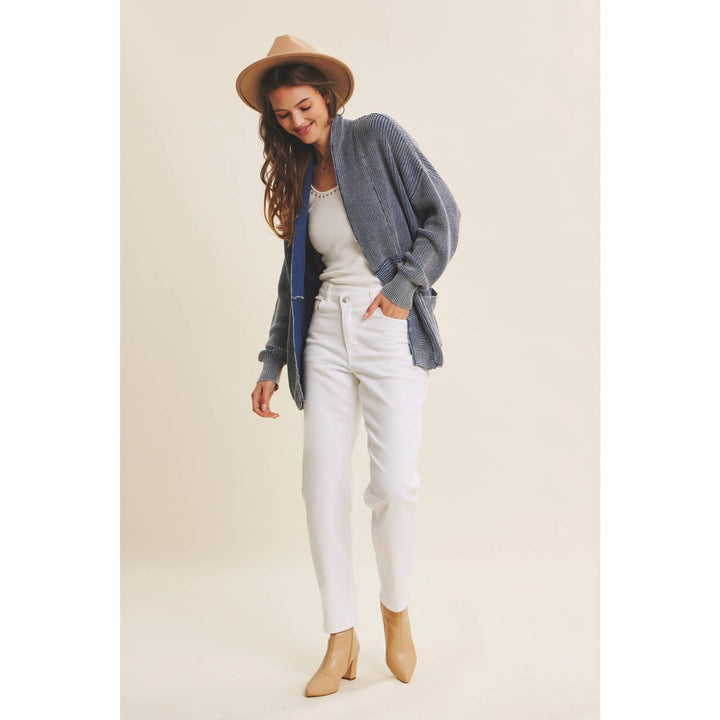 Mineral-Washed Open Front Cotton Sweater Cardigan