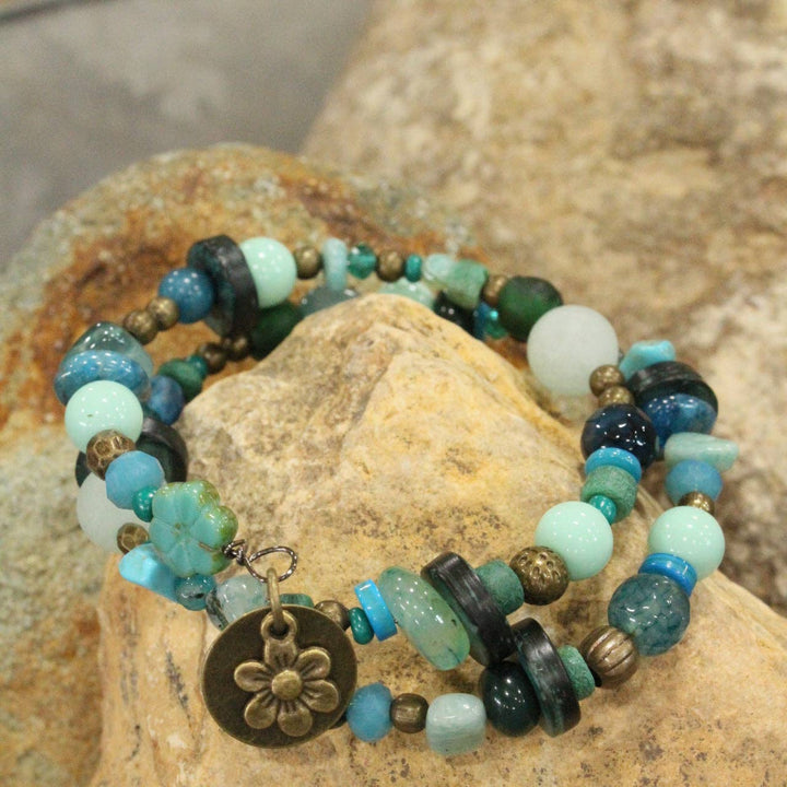 Czech Turquoise Picasso Flower Bead Wrap Bracelet