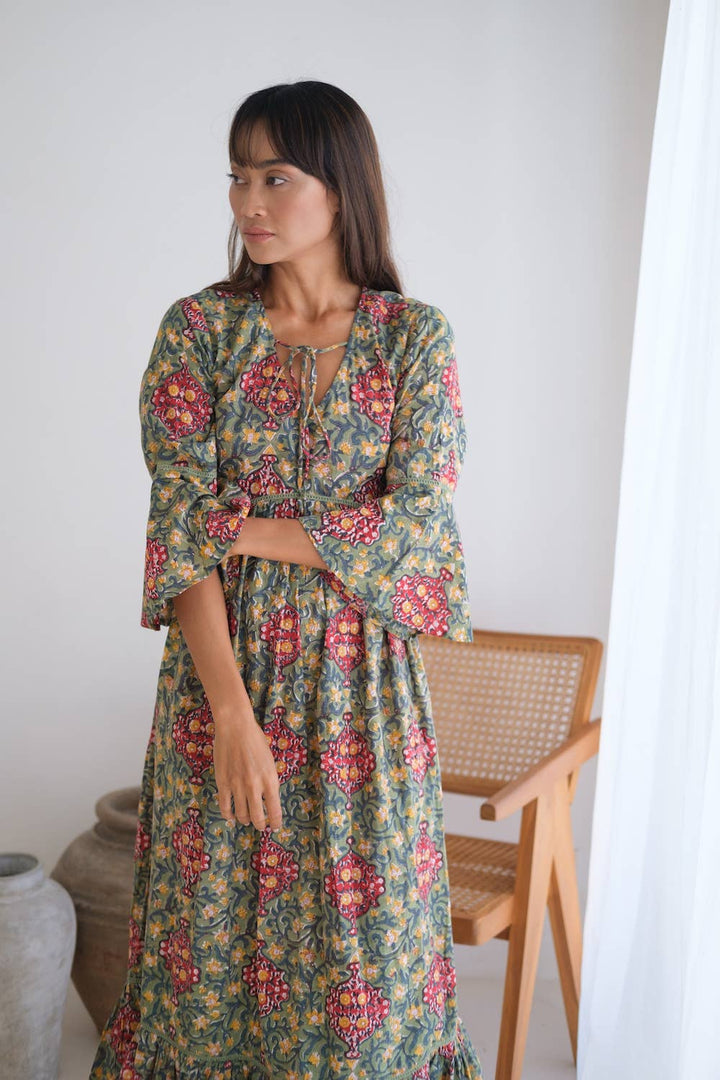 Block Printed Flare Sleeve Maxi Dress with Lace