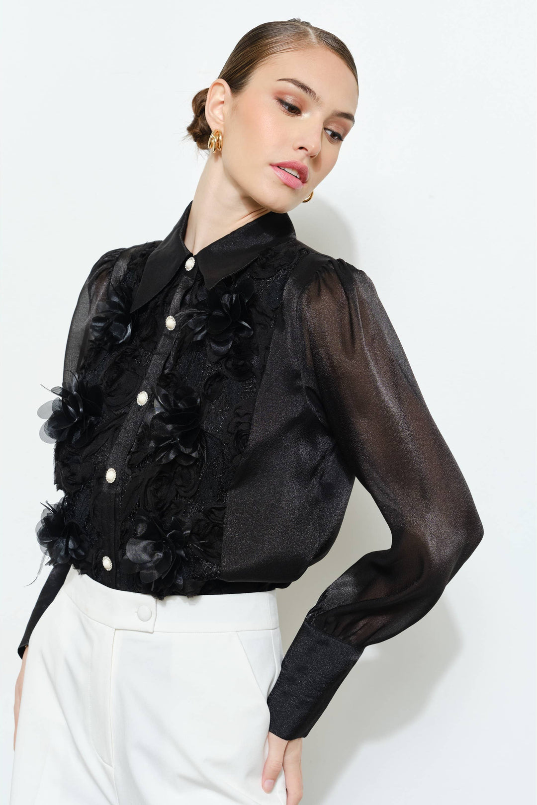 Elegant 3D Floral Organza Long Sleeve Blouse