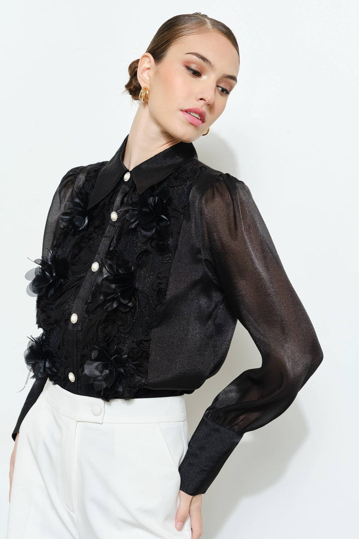 Elegant 3D Floral Organza Long Sleeve Blouse