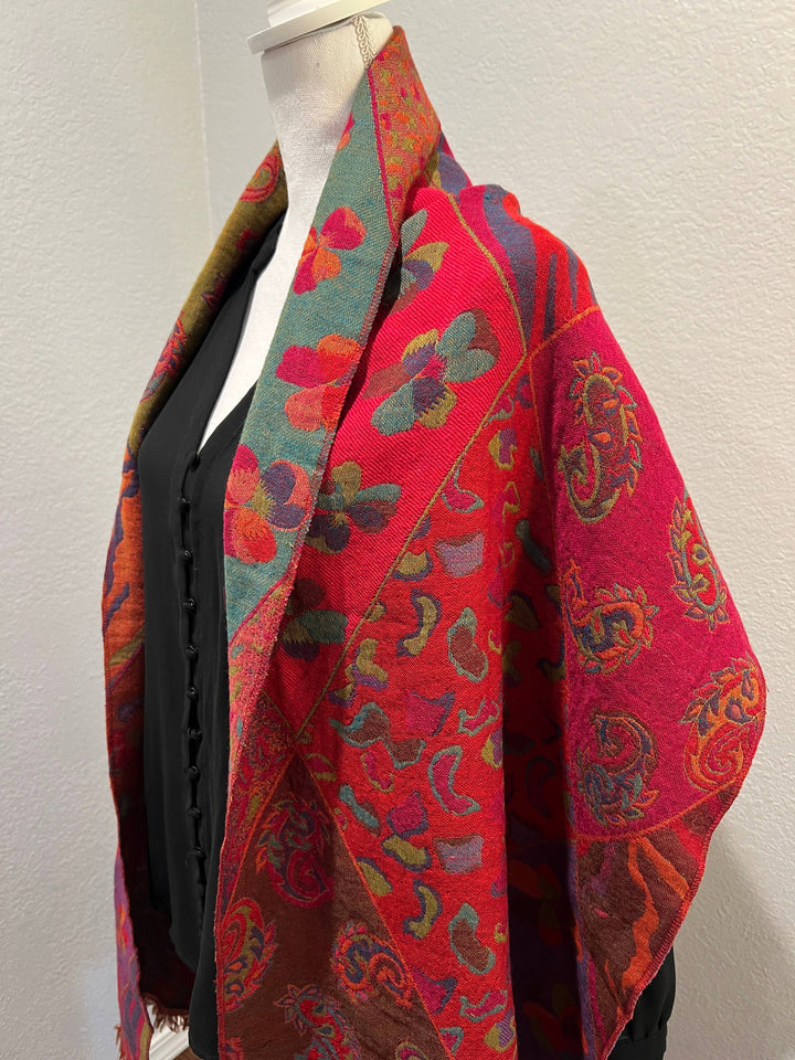 Reversible Merino Boiled Wool Shawl Fuchsia Multicolor
