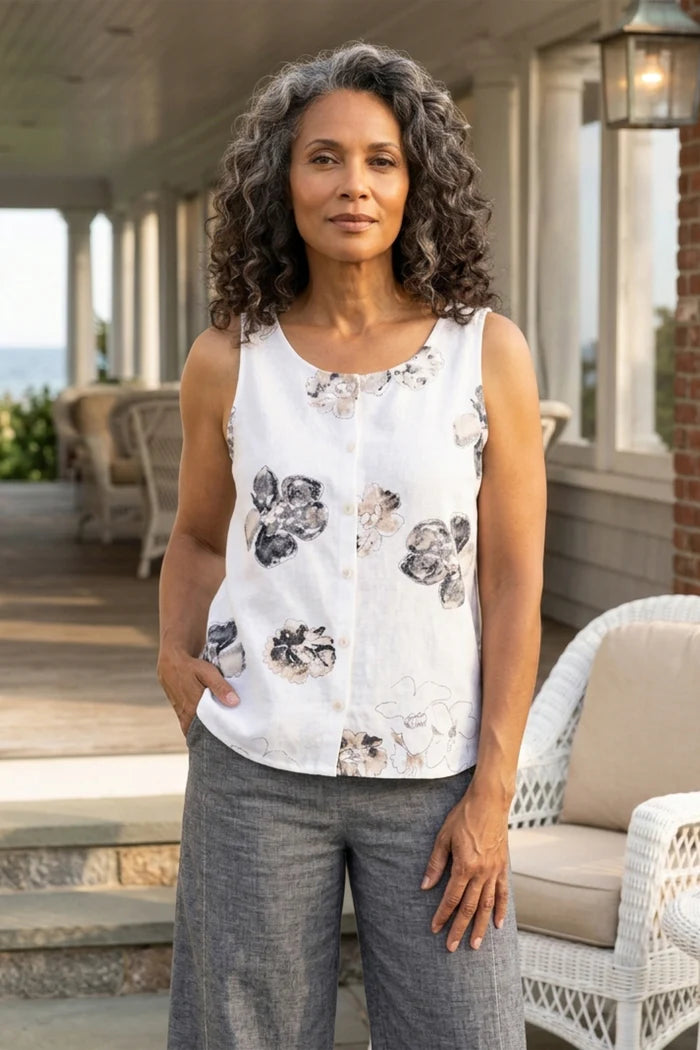Linen Floral Pleat Back Button Tank
