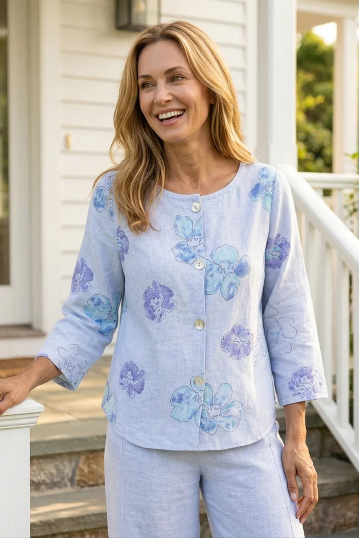 Linen Floral Button Up Blouse