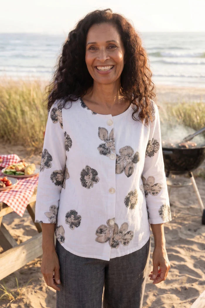 Linen Floral Button Up Blouse