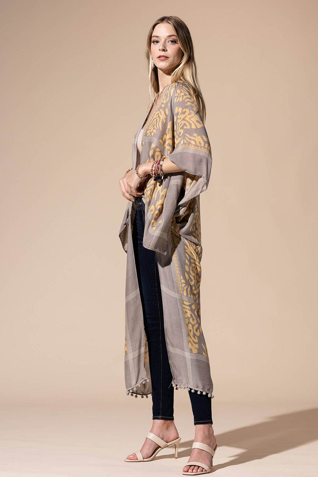 Damask Print Kimono with Sleeves