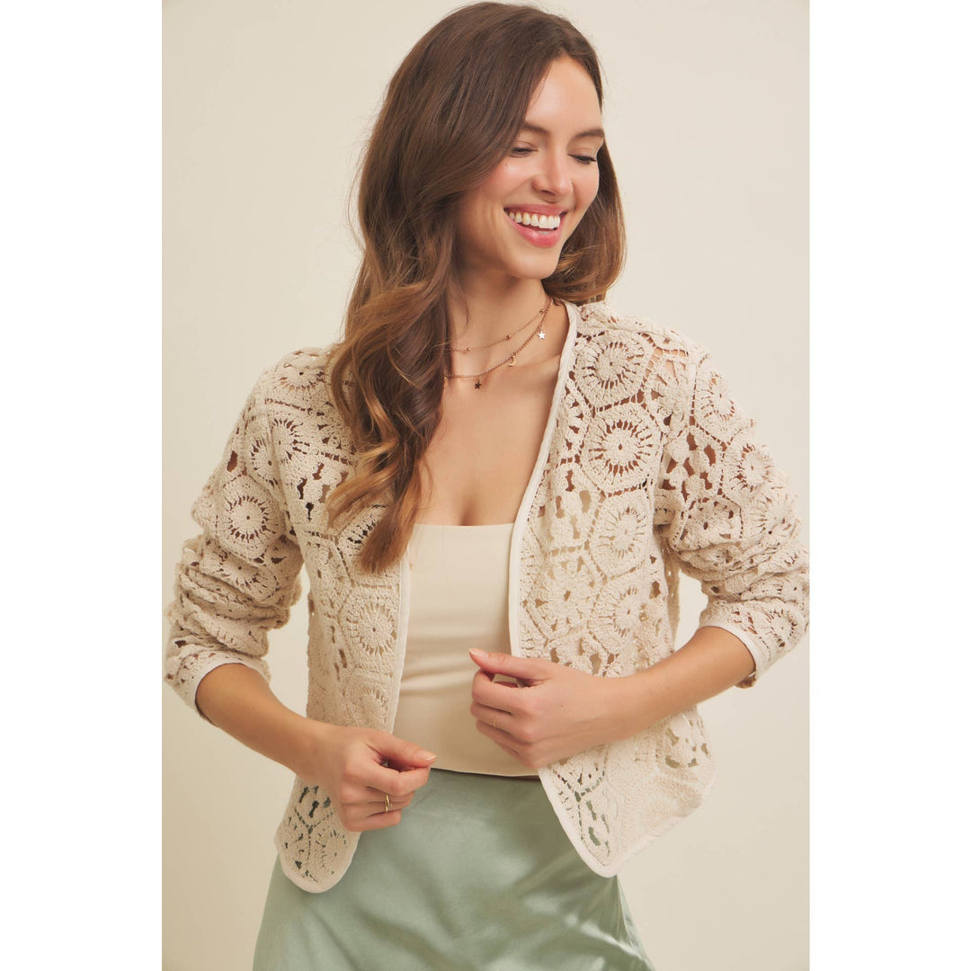 Open-Front Cotton Crochet Lightweight Cardigan