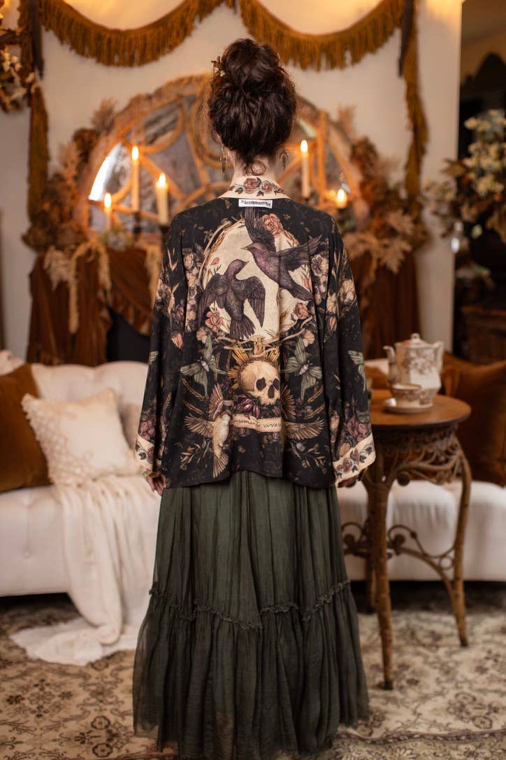 Momento Pixie Duster Crop Kimono w/ Floral, Starling & Skull