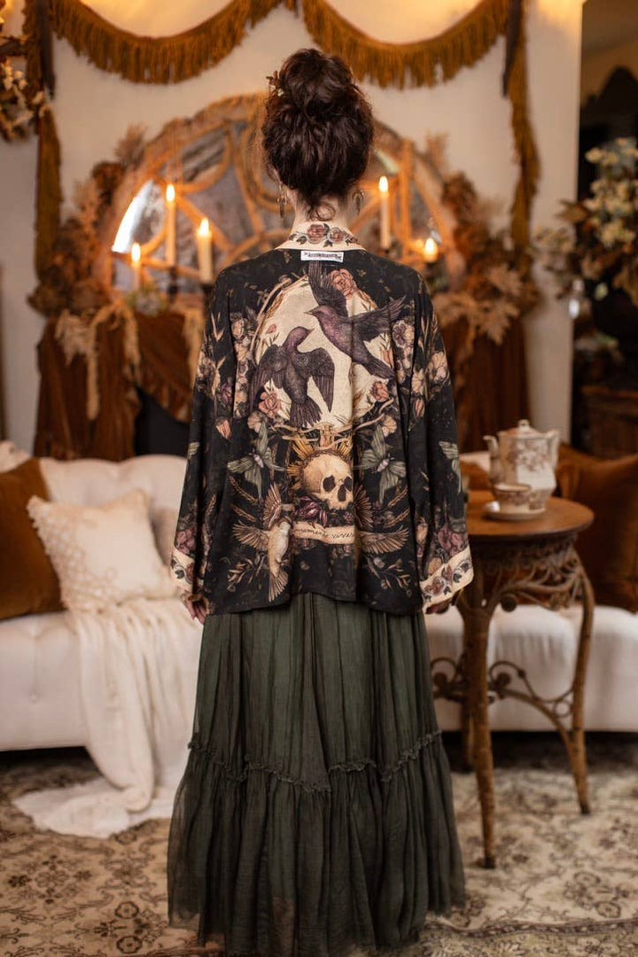 Momento Pixie Duster Crop Kimono w/ Floral, Starling & Skull