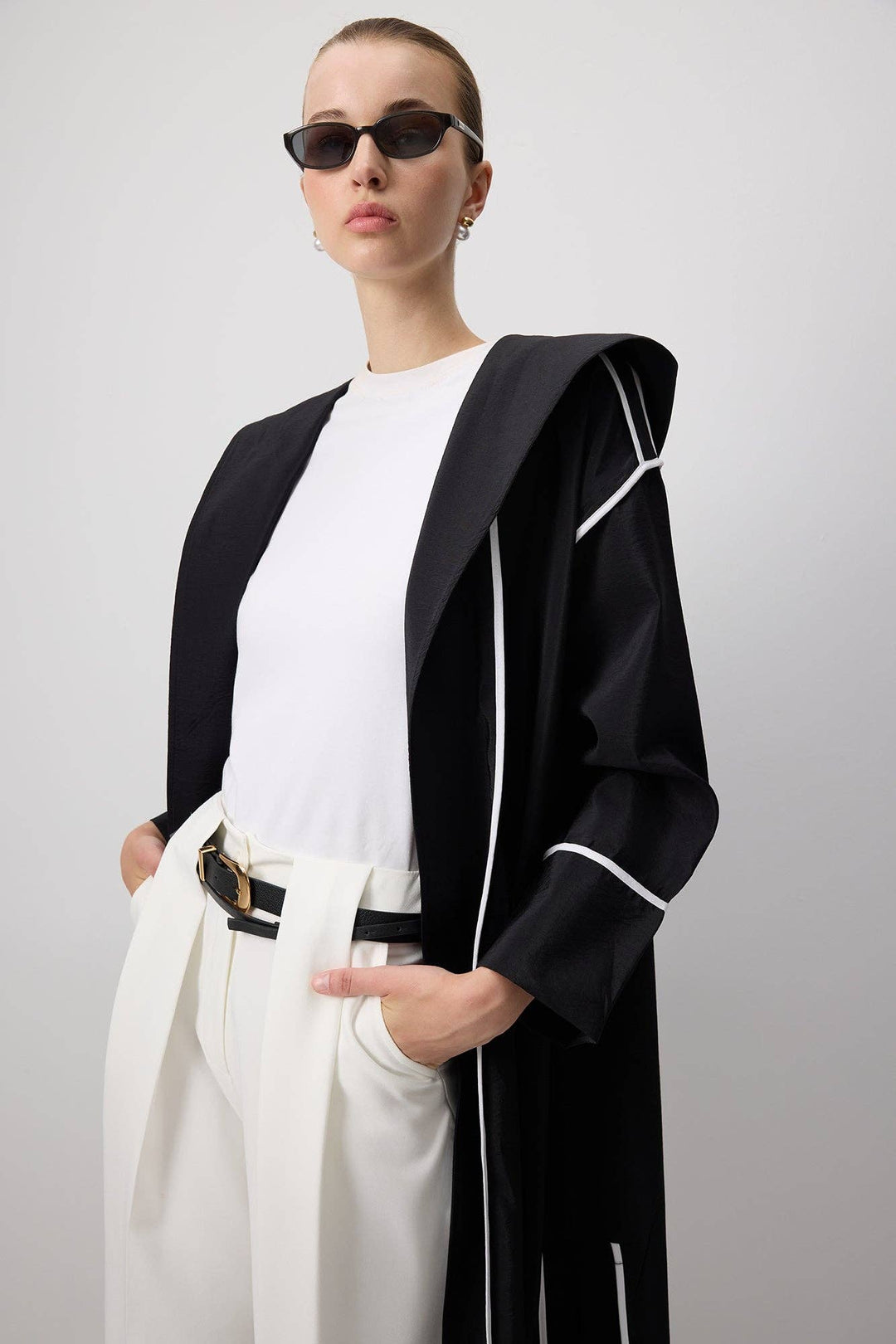 Black Hooded Cupro-Look Coat with White Contrast Trim