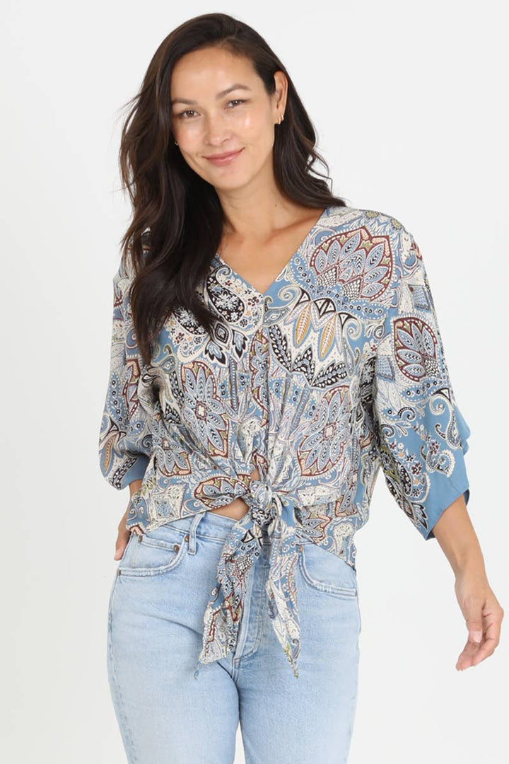 V Neck Kimono Sleeve Tie Waist Blouse