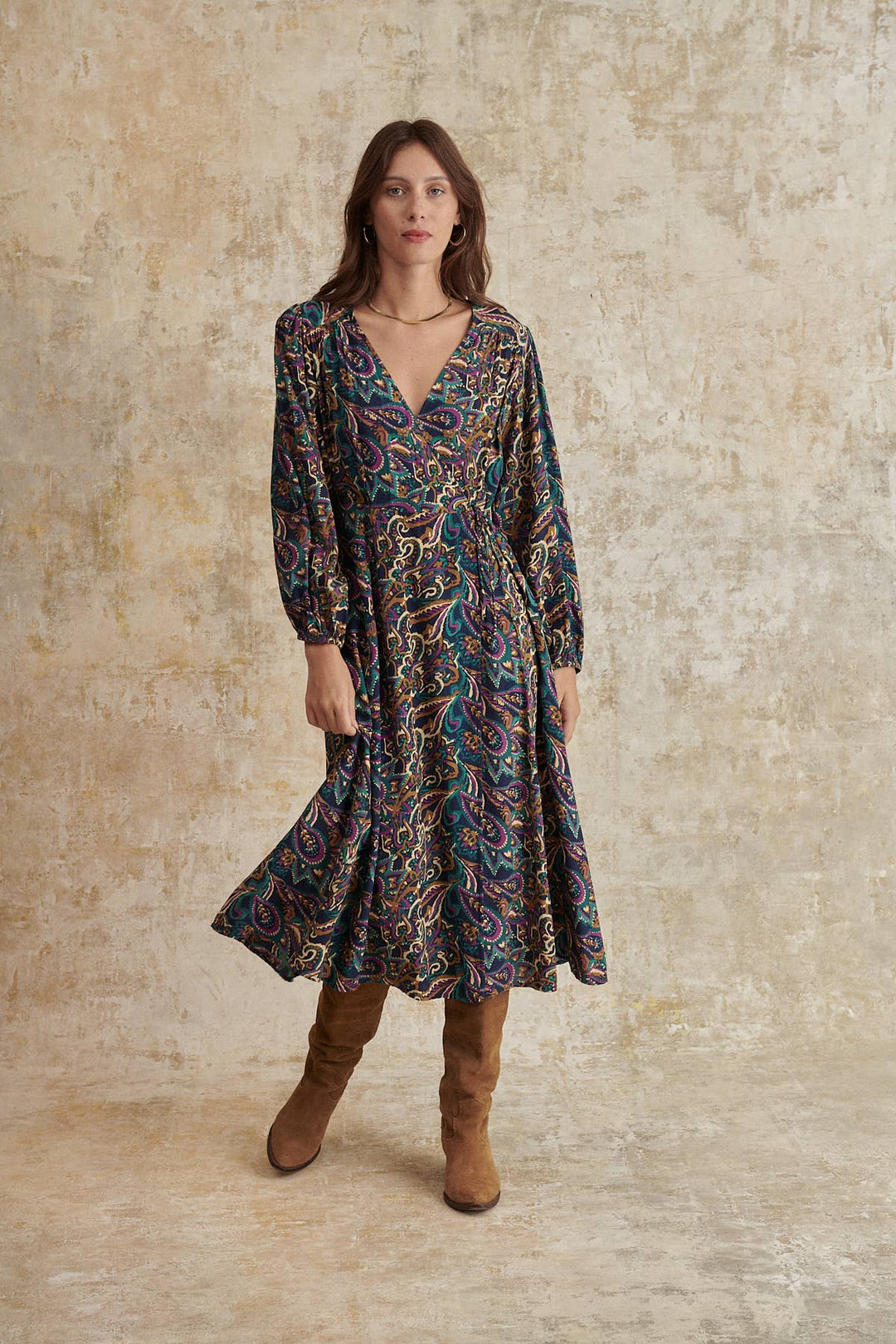 Printed Wrap Midi Dress