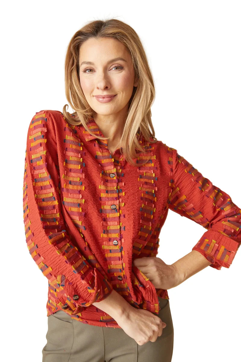 Embroidered Cotton Stripe Shaped Hem Shirt