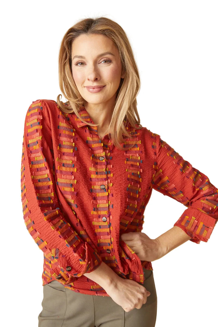 Embroidered Cotton Stripe Shaped Hem Shirt