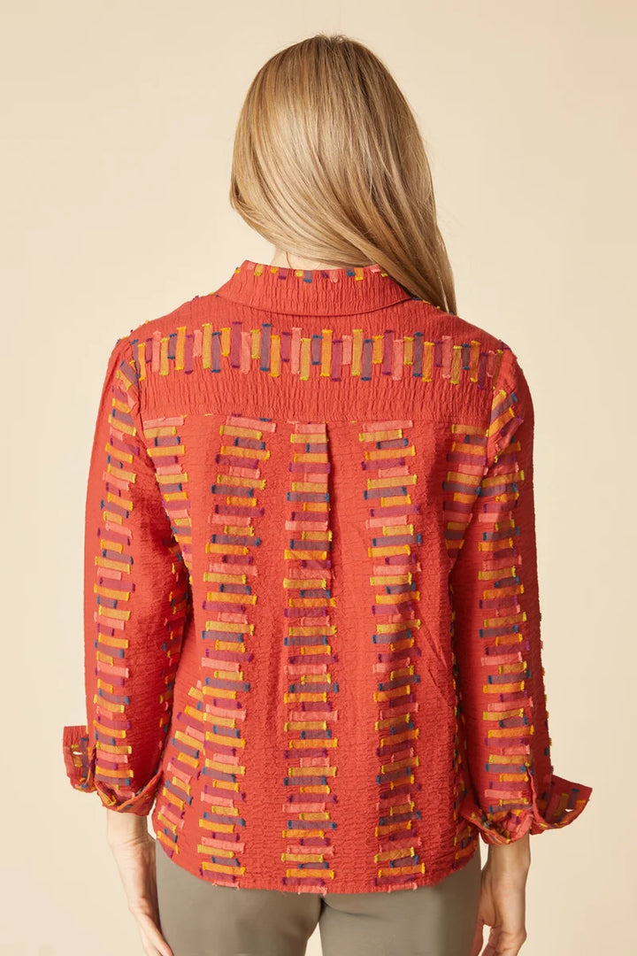 Embroidered Cotton Stripe Shaped Hem Shirt