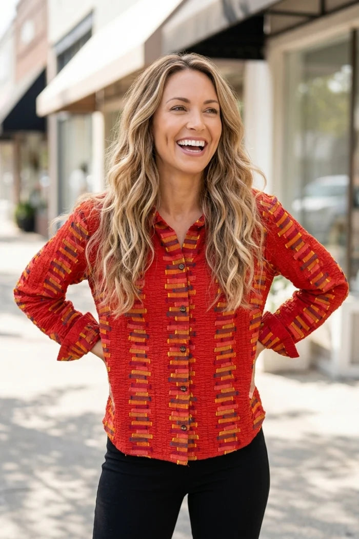 Embroidered Cotton Stripe Shaped Hem Shirt