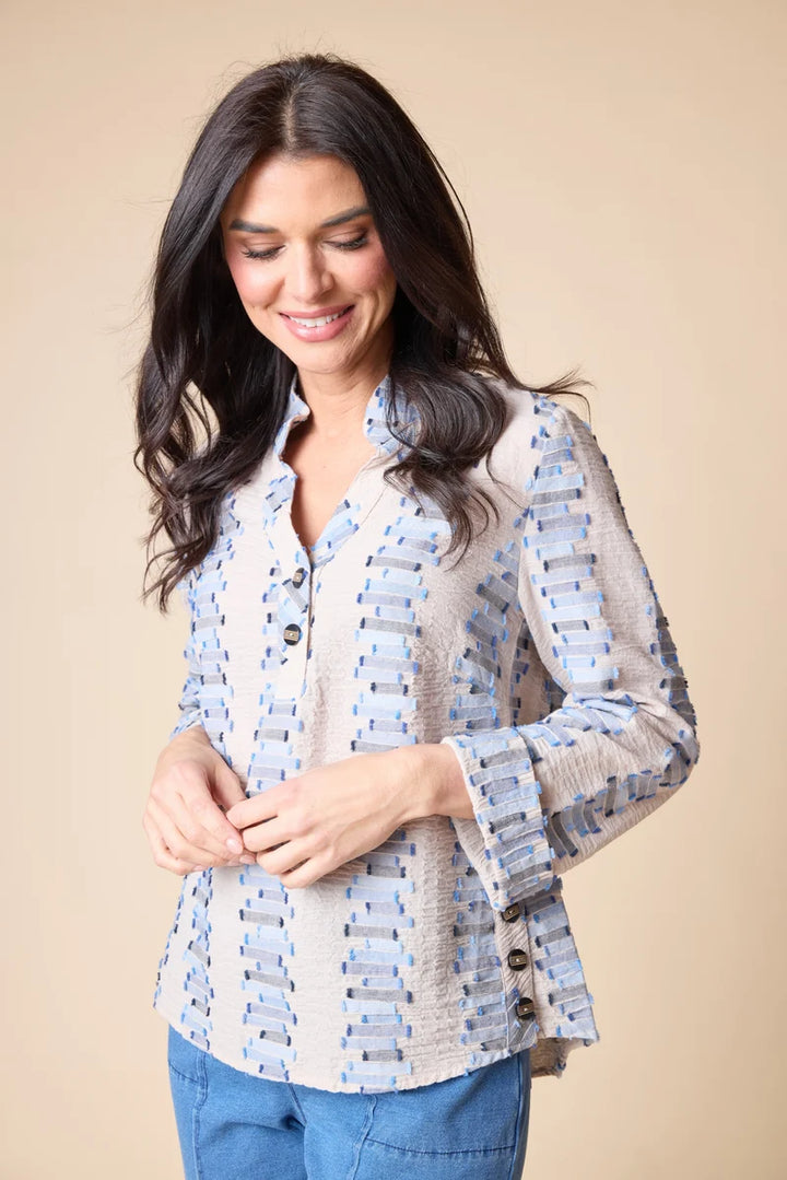Embroidered Cotton Stripe Half Placket Pullover