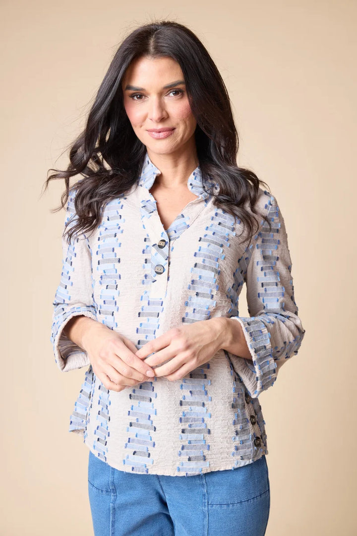 Embroidered Cotton Stripe Half Placket Pullover