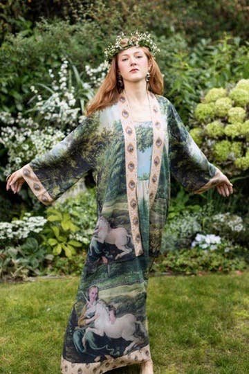 The Mythmaker Opera Duster w/ pastoral landscape & unicorn