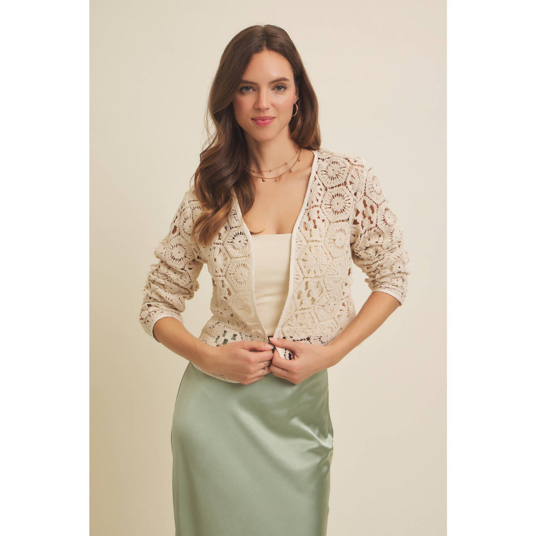 Open-Front Cotton Crochet Lightweight Cardigan