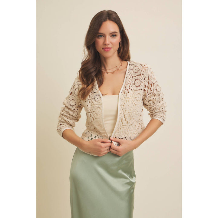 Open-Front Cotton Crochet Lightweight Cardigan