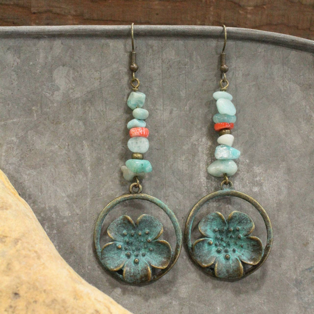 Patina Flowers With Stone Accent Earrings