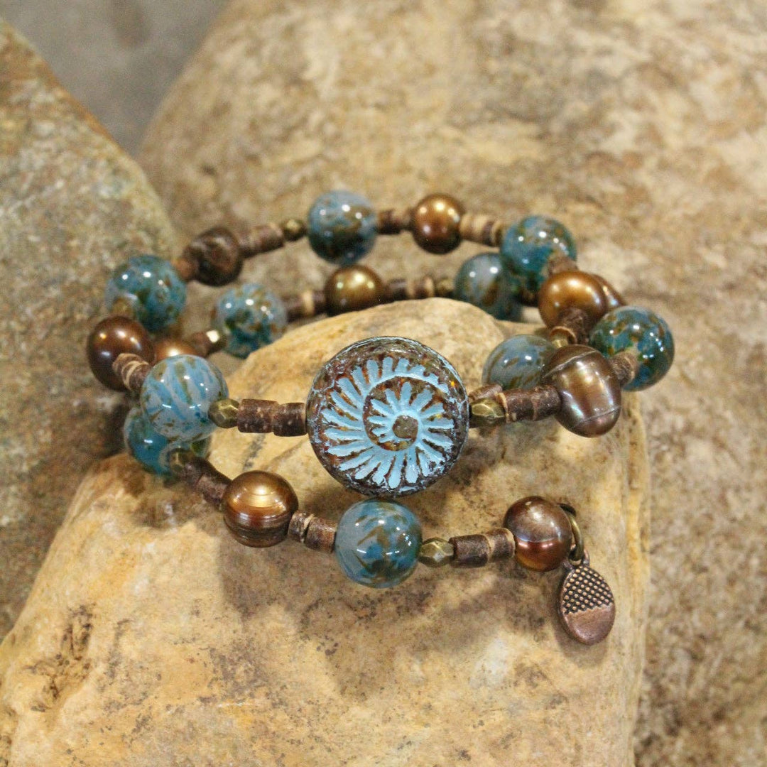 Czech Fossil Stone Tribal Wrap Bracelet