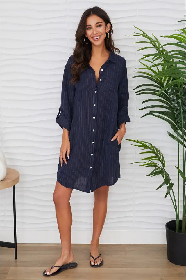 Linen Pinstripe Shirt Dress