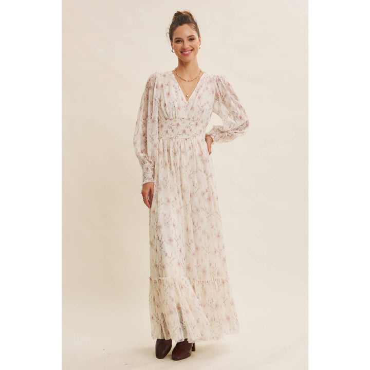 Dreamy Floral Mesh Maxi Dress With Smocked Waist