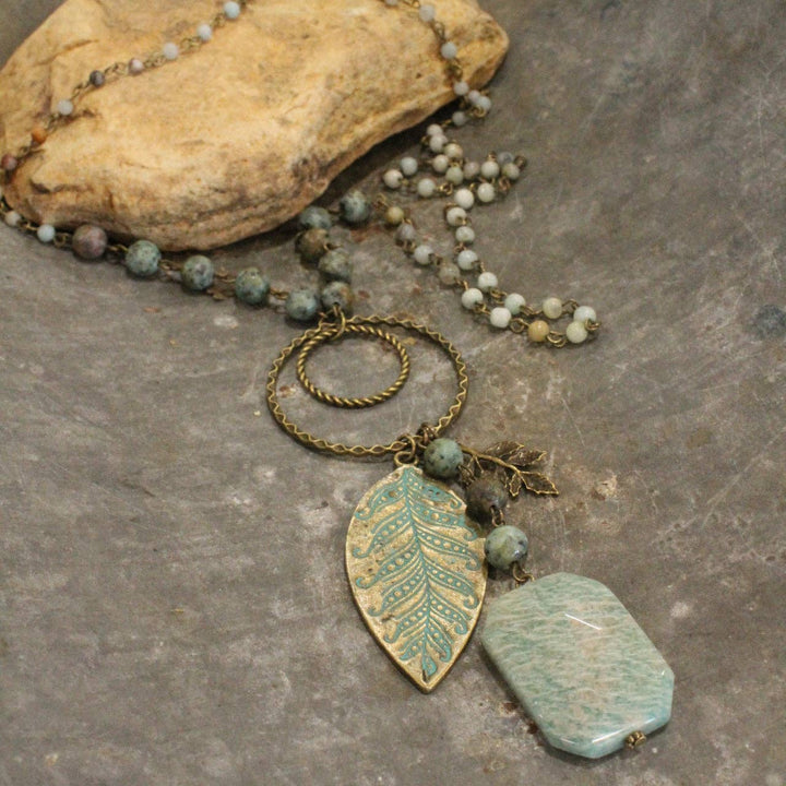 Verdigris Leaf & Beaded Stone Pendant Drop Necklace