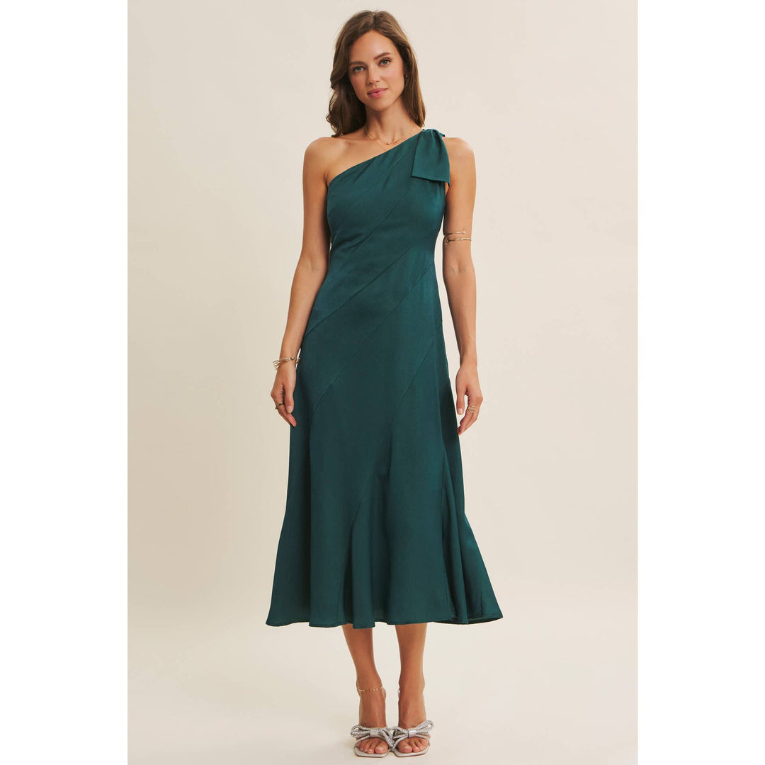 Holiday Glam One-Shoulder Midi Dress with Slanted Seamwork