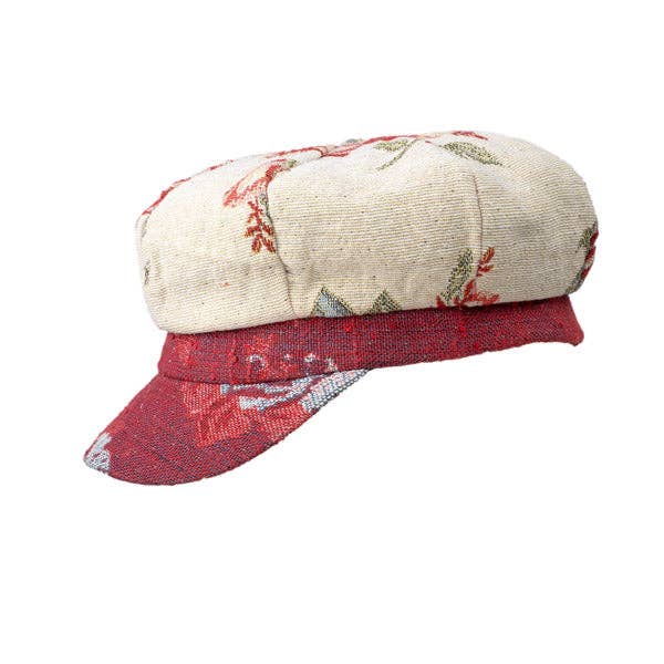 Ladies Tapestry Floral Baker Boy Cap Cream & Red Brocade